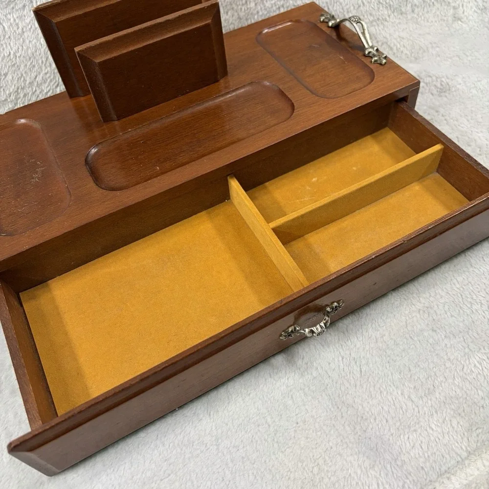 Vintage Wood Dresser Valet Jewelry Box Drawer Coin Tray Card Holder Caddy 12
